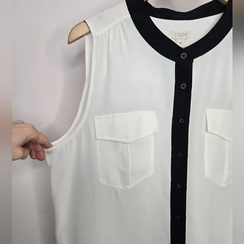 JCrew Women's Sleeveless Offwhite Cream Blouse w/ Black Trim Pockets NWT Size 16